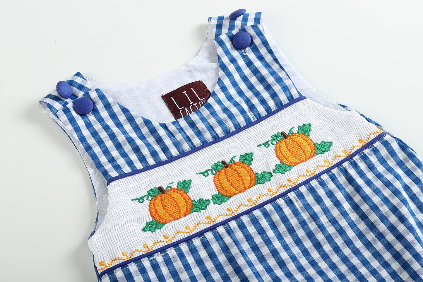 Royal Blue Gingham Pumpkin Smocked Shortalls