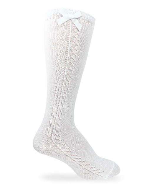 Pointelle Bow Knee High Socks - White