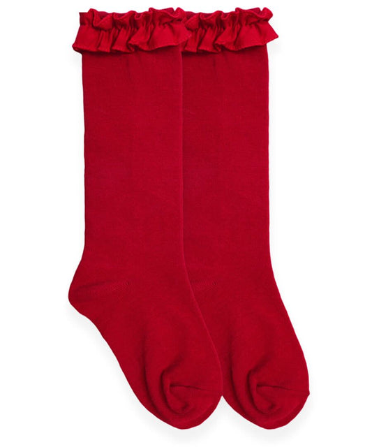 Ruffle Knee High Socks - Red