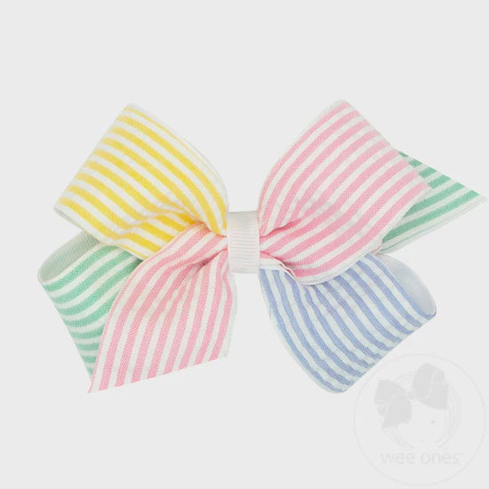 Medium Color Block Seersucker and Grosgrain Overlay Hair Bow