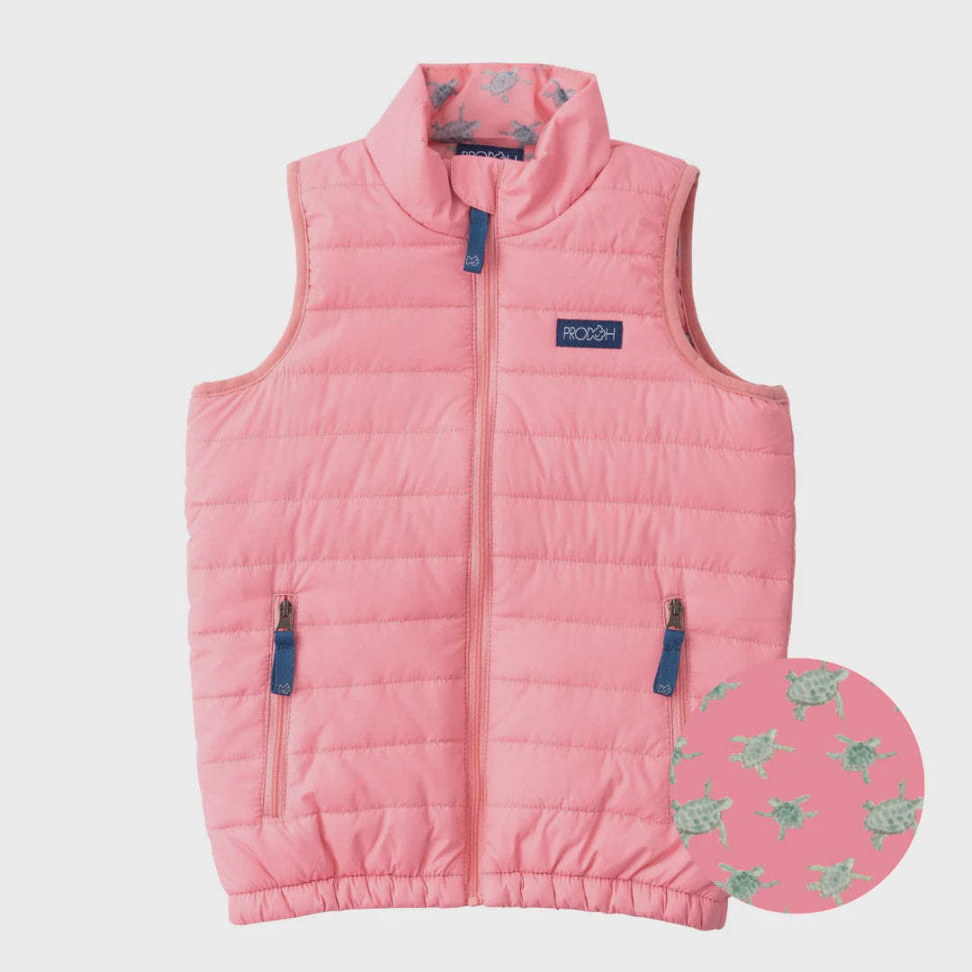 Girl's Puffer Vest in Plumeria Pink with Sea Turtle Print Liner