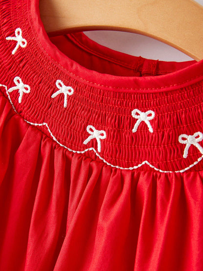 Rylee Faith Designs - Girls Bow Smocking Embroidered Red Dress: 2