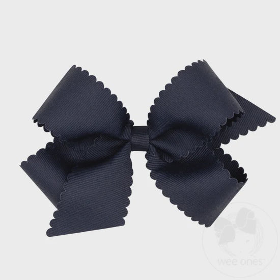 Medium Grosgrain Hair Bow with Scalloped Edge-NVY