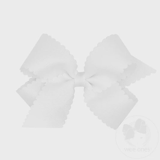 Medium Grosgrain Hair Bow with Scalloped Edge-WHT