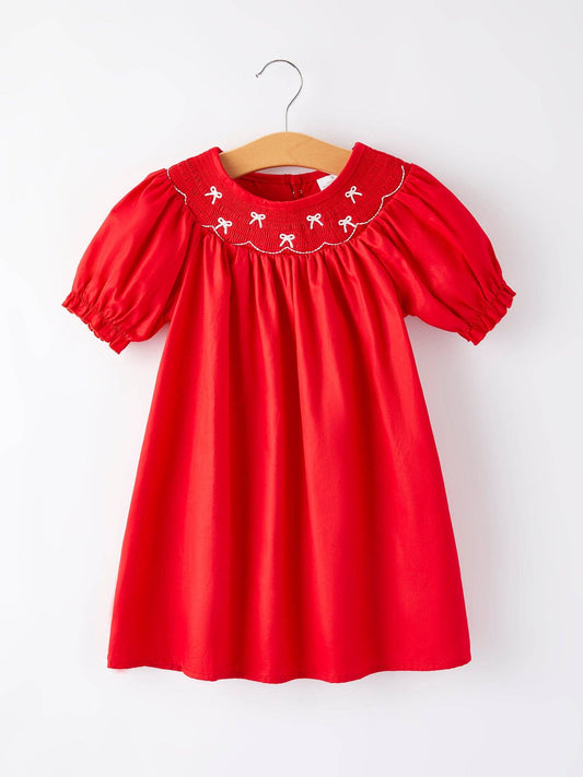 Rylee Faith Designs - Girls Bow Smocking Embroidered Red Dress: 5