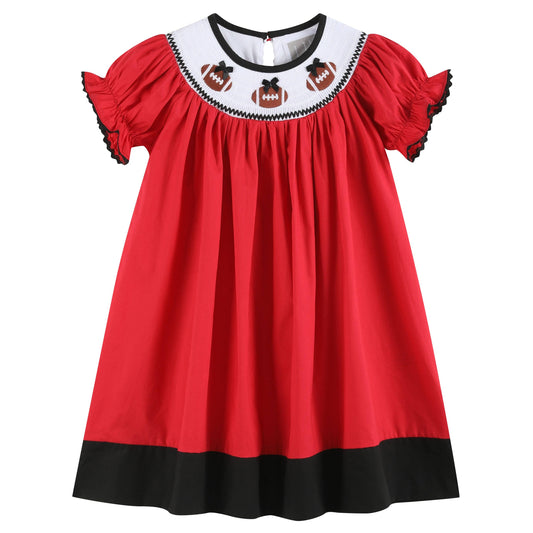 Red & Black Football Smocked Bishop Dress