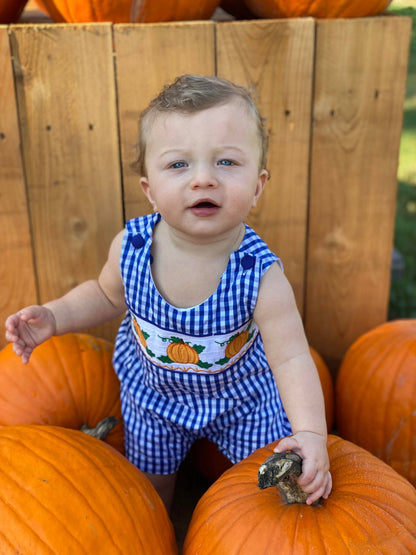 Royal Blue Gingham Pumpkin Smocked Shortalls