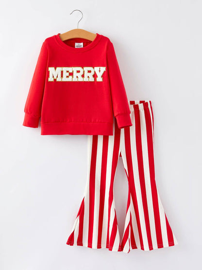 Rylee Faith Designs - Christmas “MERRY” Applique Girls Striped Bell-bottom Pants Outfit Set: 6